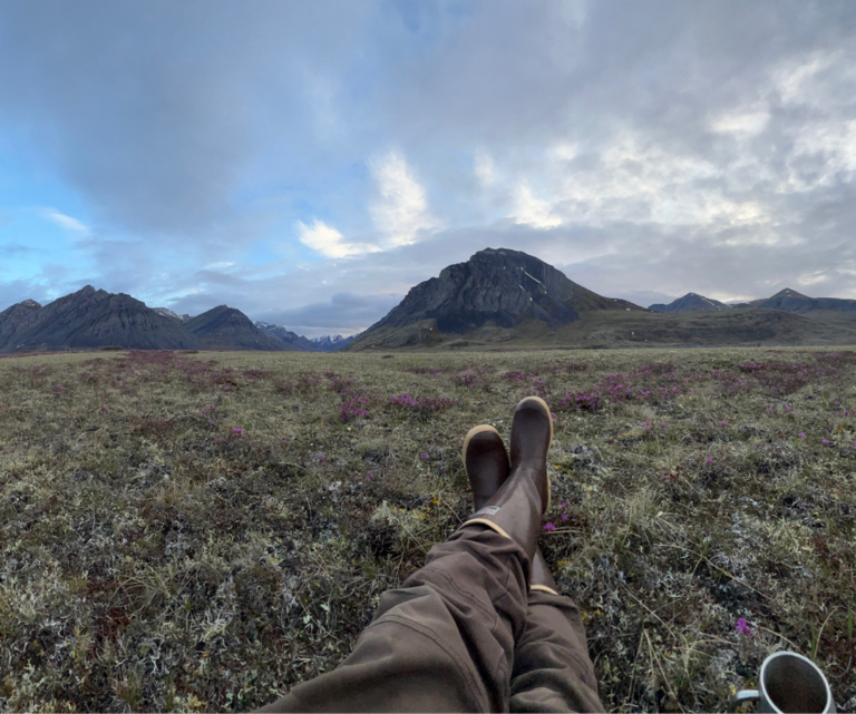 A picture taken from the perspective of someone laying in a field. You see their feat. On the horizon is a mountain range.