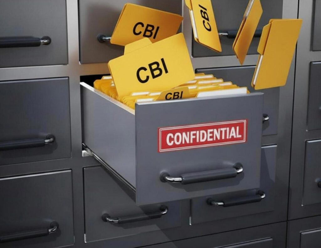 An open cabinet with folders labeled 