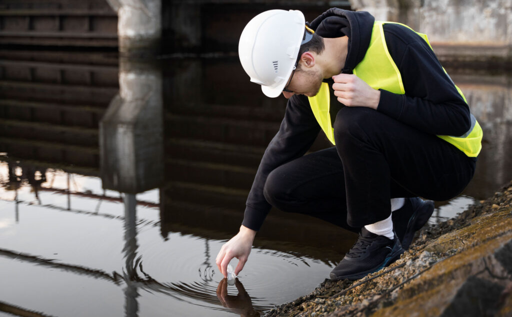 Environmental engineer taking a water sample