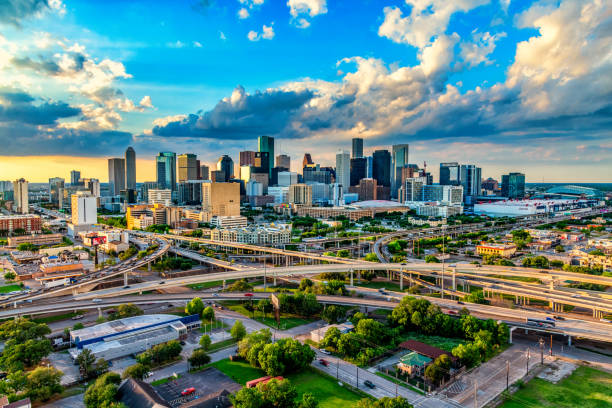 The skyline of Houston, Texas at sunset shot from an altitude of about 600 feet.