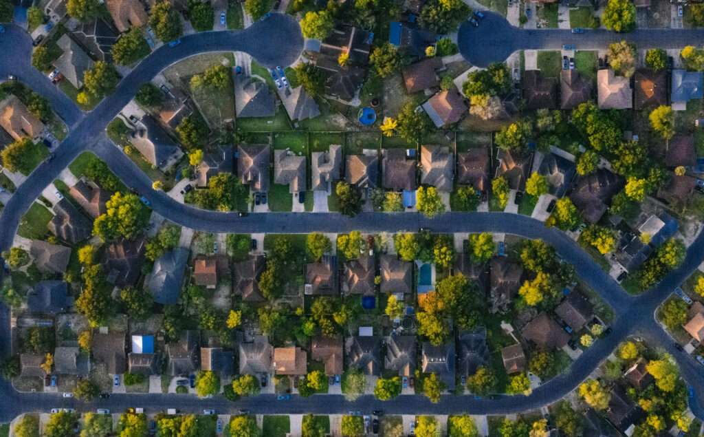 A bird's eye view of a suburb.