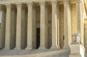 Close up view of the front of the United States Supreme Court.
